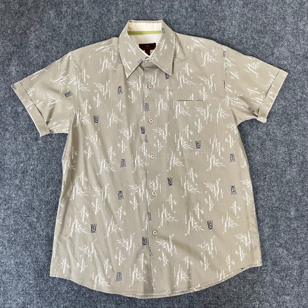 Oleg Cassini Mens Small Tan Bamboo Asian Character Print Button Down Shirt S
